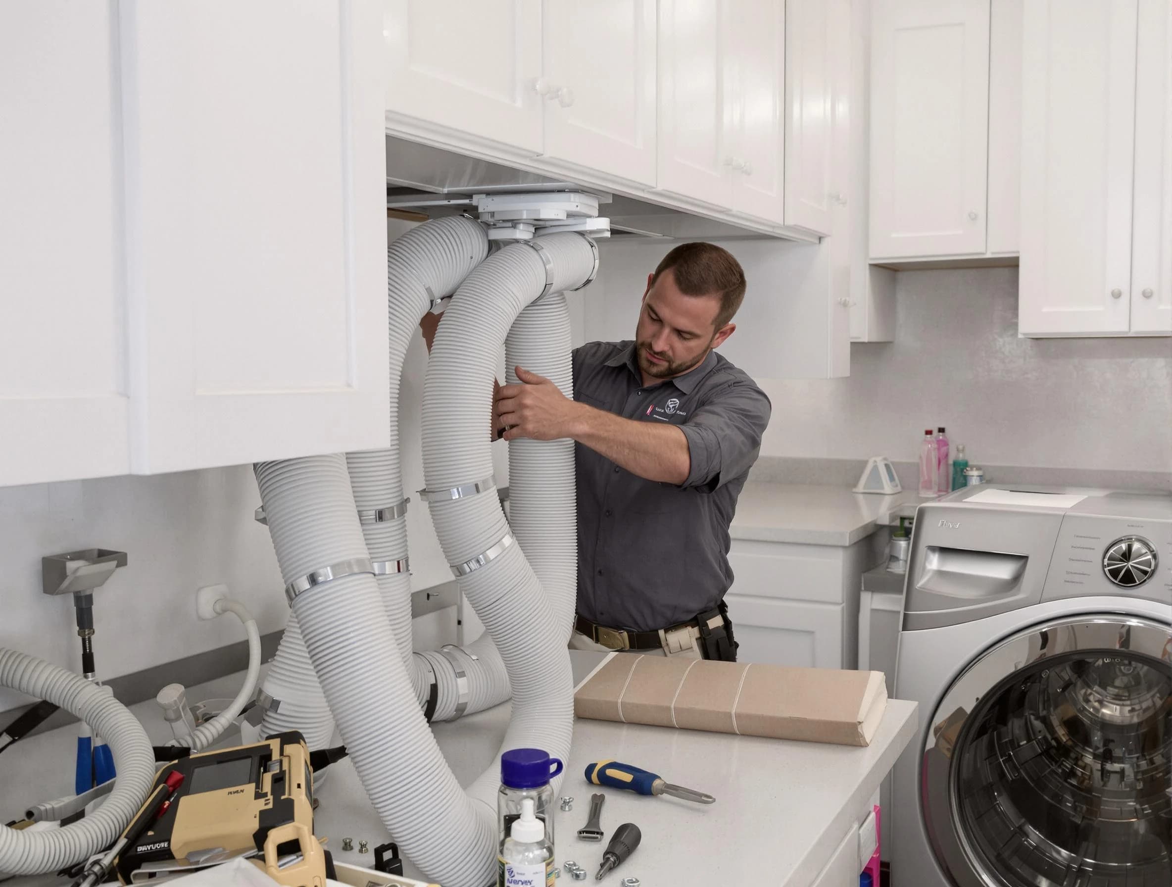 Whittier Dryer Vent Cleaning technician installing a new professional-grade dryer vent hose in Whittier