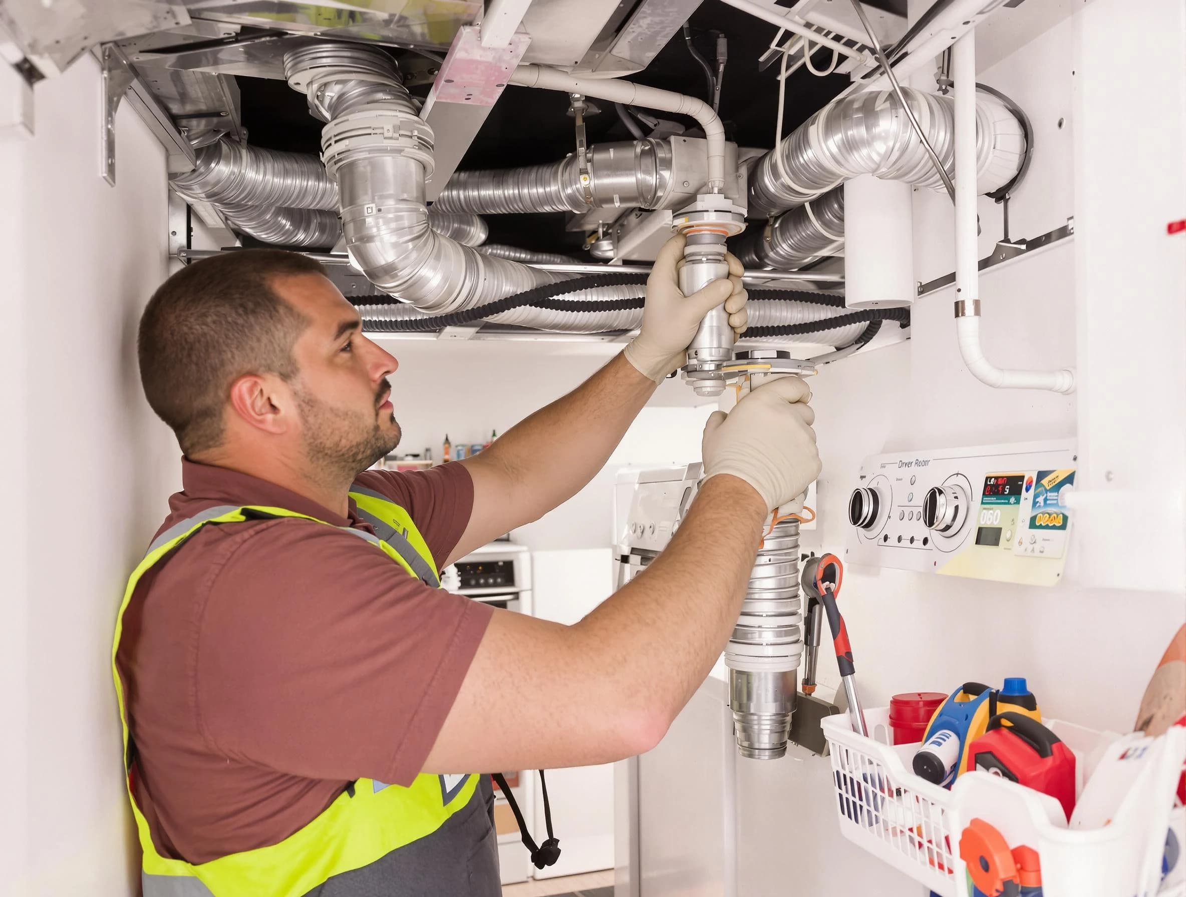 Whittier Dryer Vent Cleaning expert performing both repair and installation work on a dryer vent system in Whittier