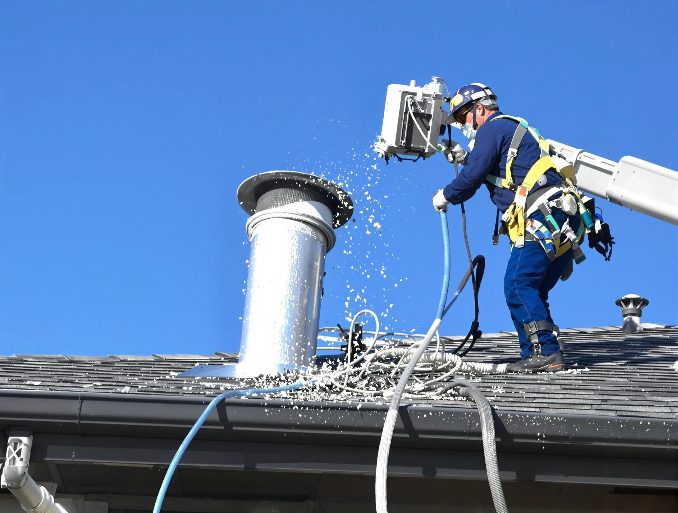 Whittier Dryer Vent Cleaning certified technician safely cleaning a roof-mounted dryer vent in Whittier