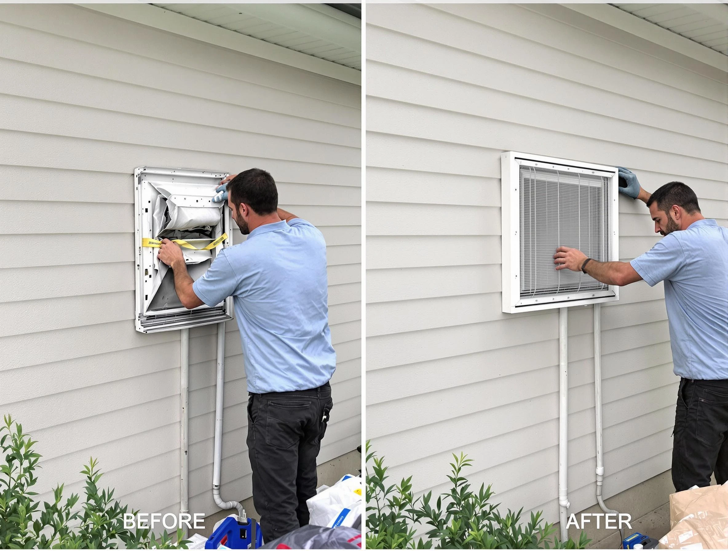 Whittier Dryer Vent Cleaning technician installing high-quality dryer vent cover at a residential property in Whittier